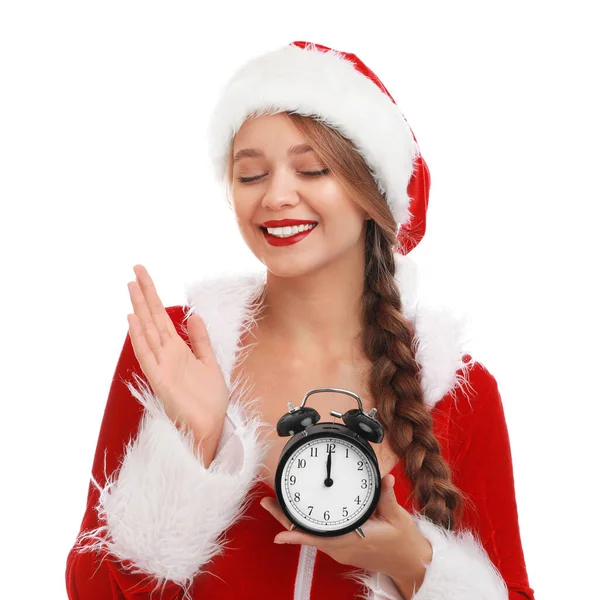 Hermosa chica Santa con despertador sobre fondo blanco. Nochebuena —  Fotos de Stock