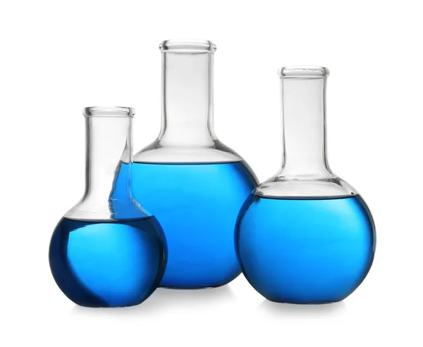 Florence flasks with blue liquid on white background. Laboratory glassware — Stock Photo, Image