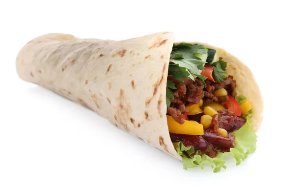 Delicious meat tortilla wrap isolated on white — Stock Photo, Image