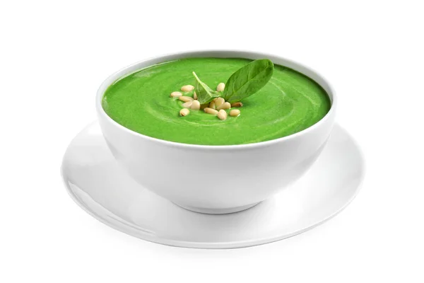 Mísa zdravé zelené polévky s čerstvým špenátem na bílém pozadí — Stock fotografie