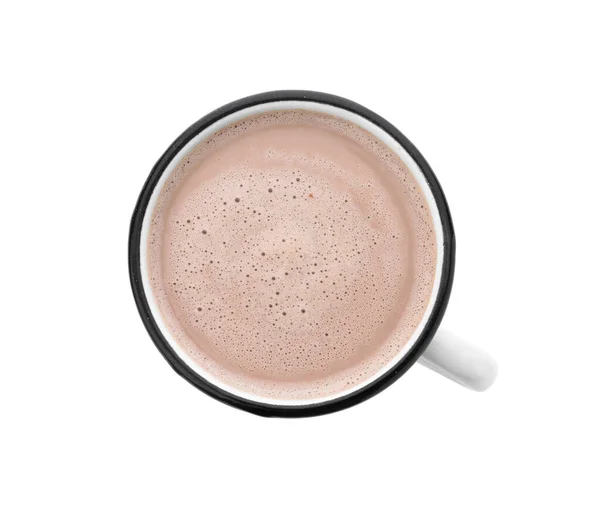 Deliciosa bebida de cacao en taza sobre fondo blanco, vista superior — Foto de Stock