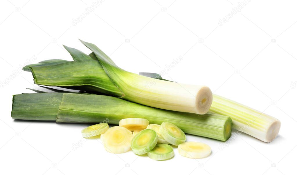 Fresh raw leeks on white background. Ripe onion