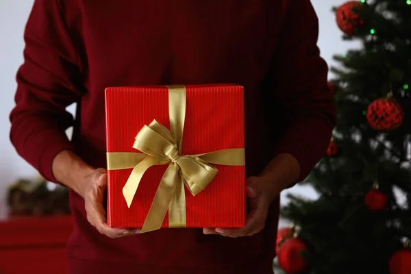Мужчина в красном свитере держит рождественский подарок дома, крупным планом — стоковое фото