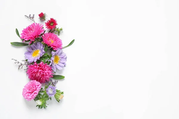 Composición con hermosas flores de astro sobre fondo blanco, vista superior — Foto de Stock