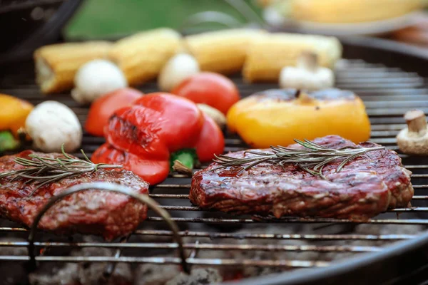 Parrilla de barbacoa con sabrosa comida fresca al aire libre, primer plano —  Fotos de Stock