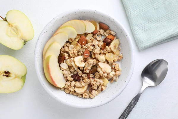 Flat lay composition with muesli and apples on white wooden table. Healthy breakfast — Stock Photo, Image