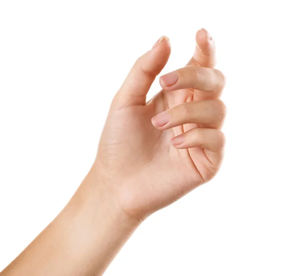 Woman holding something on white background, closeup of hand — Stock Photo, Image