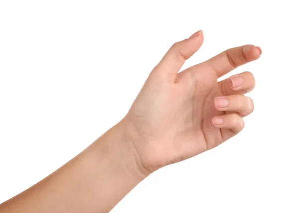 Γυναίκα κρατώντας κάτι σε λευκό φόντο, closeup του χεριού — Φωτογραφία Αρχείου