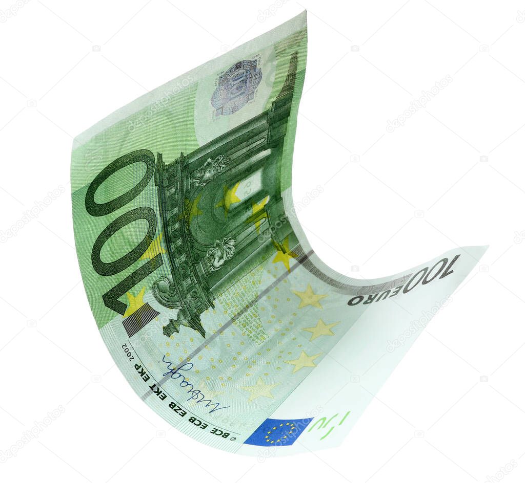 Flying one hundred Euro banknote isolated on white