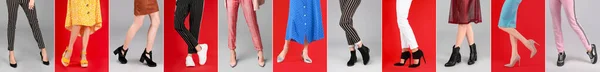 Коллаж женщин в разной стильной обуви на цветном фоне, крупным планом — стоковое фото