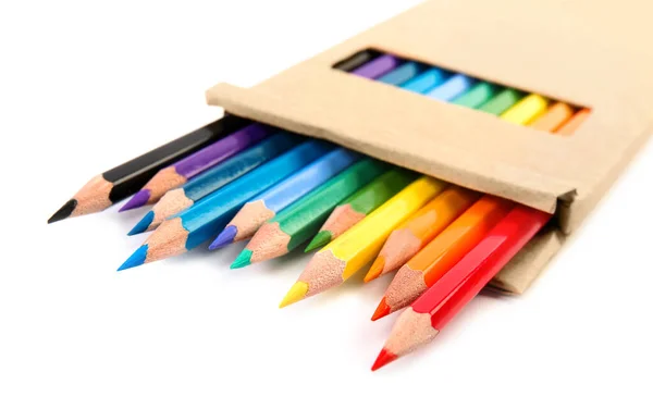 Box of color pencils on white background — Stock Photo, Image