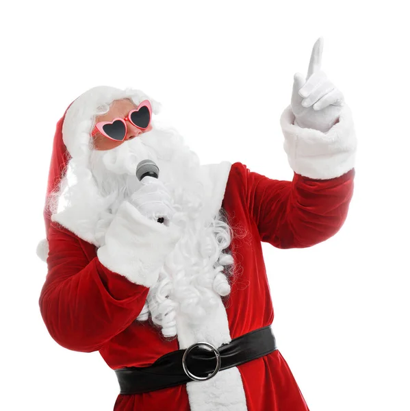 Santa Claus cantando sobre fondo blanco. Música navideña —  Fotos de Stock