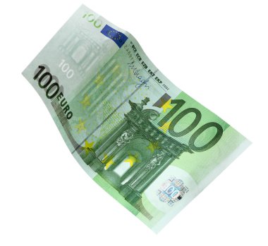 Uçan 100 Euro banknot beyaza izole edilmiş.