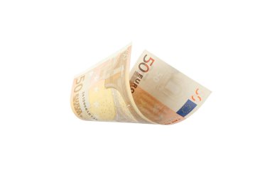 Uçan 50 Euro banknot beyaza izole edildi