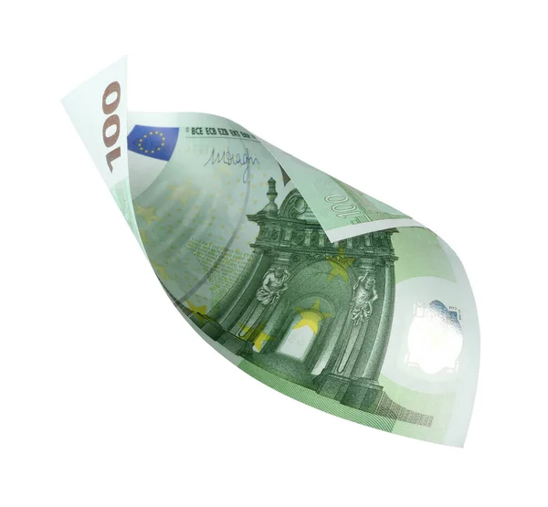 Notas de 100 euros voadoras isoladas a branco — Fotografia de Stock