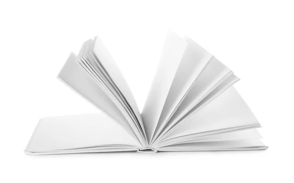 Libro abierto de tapa dura con páginas en blanco sobre fondo blanco — Foto de Stock