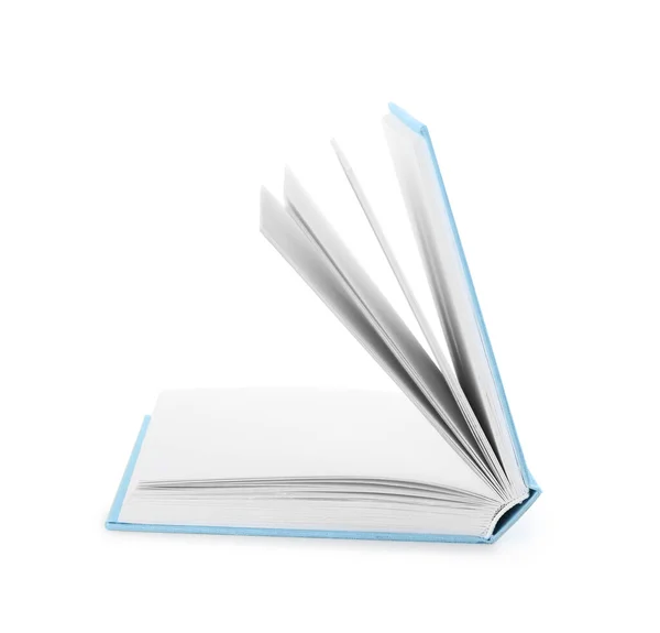 Open hardcover book with blank pages on white background — Stock Photo, Image