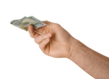 Beyaz arka planda dolar banknotu olan adam, yakın plan.