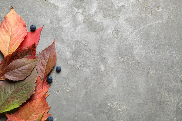 Flat lay composition with autumn leaves on stone background. Space for text