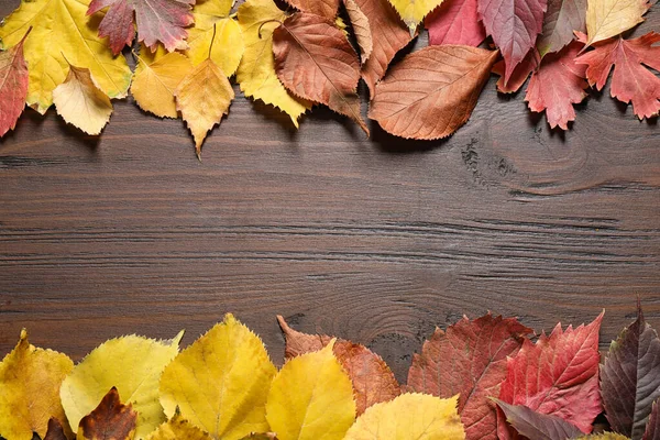 Rama z jesiennych liści na drewnianym tle, widok z góry. Miejsce na tekst — Zdjęcie stockowe