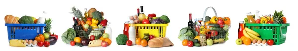 Sada nákupních košů s potravinářskými výrobky na bílém pozadí — Stock fotografie