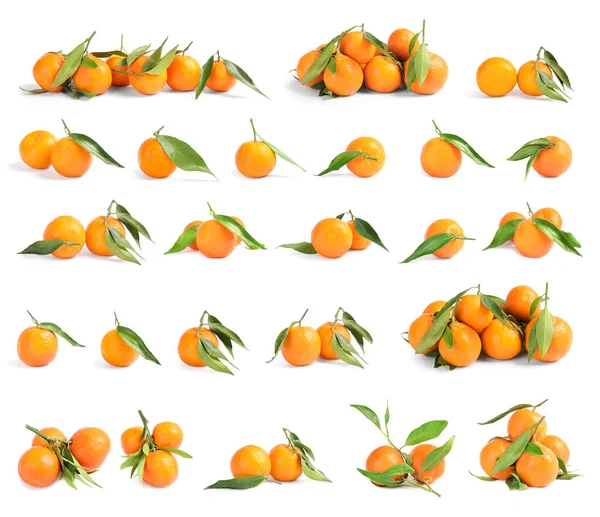 Set frischer reifer Mandarinen auf weißem Hintergrund — Stockfoto