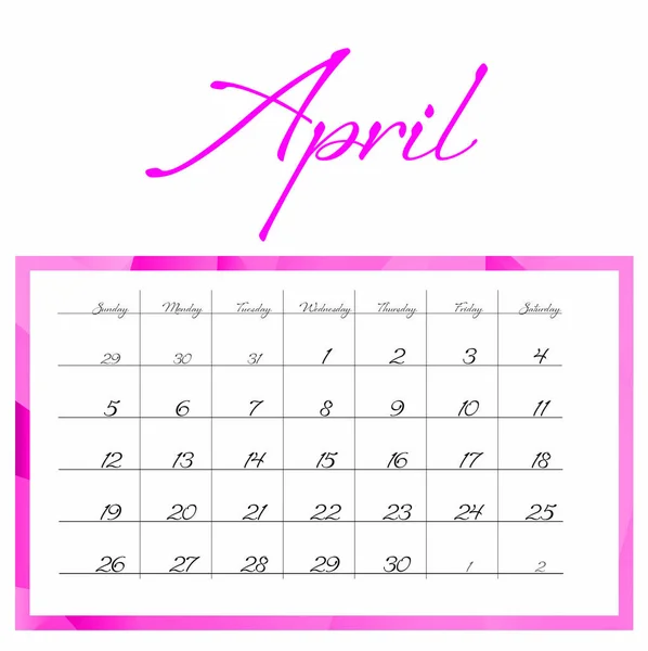 Diseño del calendario de abril con días de semana. Ilustración —  Fotos de Stock