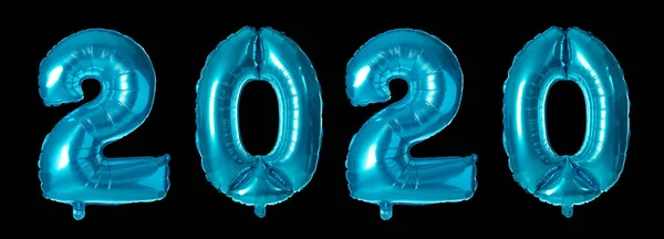 Blue foil 2020 balloons on black background — ストック写真