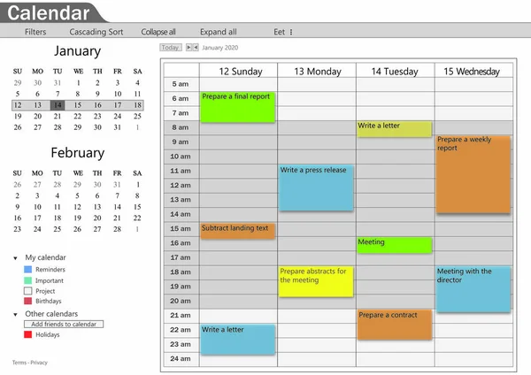 Diseño de calendario con notas diarias. Ilustración —  Fotos de Stock