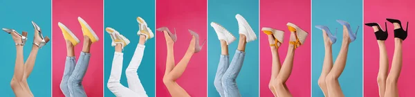 Colagem de mulheres usando sapatos elegantes diferentes em fundos de cor, close-up — Fotografia de Stock