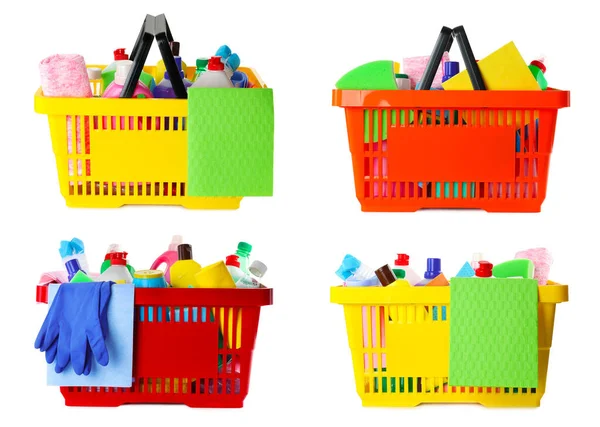 Conjunto de cestas de compra con diferentes productos químicos para el hogar sobre fondo blanco — Foto de Stock