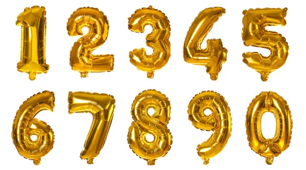 Zestaw ze złotymi balonami foliowymi w kształcie cyfr na białym tle — Zdjęcie stockowe