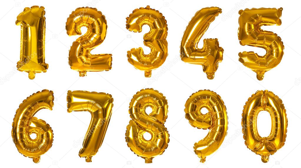 Set with golden foil balloons in shape of numbers on white background