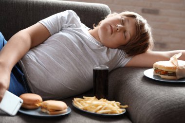 Fast food ile çevrili kanepede uyuyan şişman çocuk.