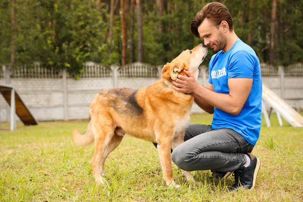 Hombre voluntario con perro sin hogar en refugio de animales al aire libre — Foto de Stock
