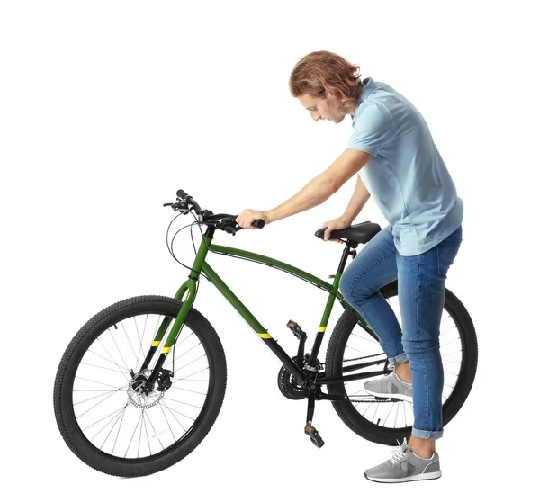 젊은 남자 와 자전거 에 화이트 배경 — 스톡 사진
