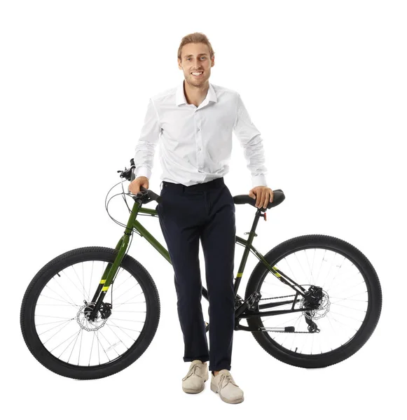 Glücklicher junger Mann mit Fahrrad auf weißem Hintergrund — Stockfoto