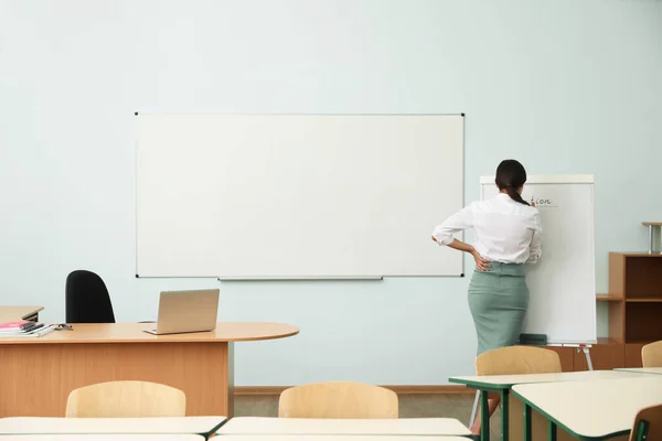 Enseignante écrivant sur tableau à feuilles mobiles en classe — Photo