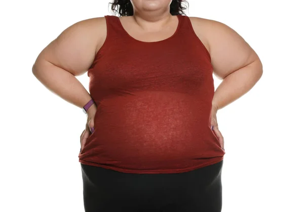Избыточный вес женщина позирует на белом фоне, крупным планом — стоковое фото
