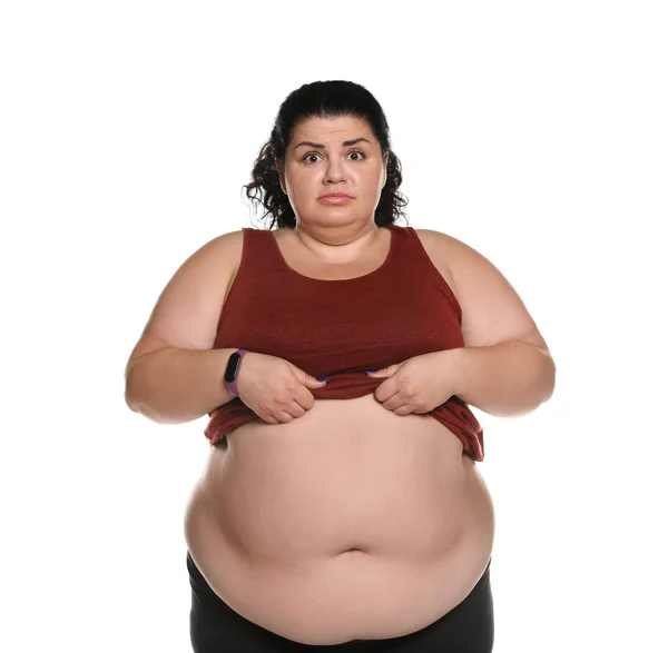 Emotionale übergewichtige Frau posiert auf weißem Hintergrund — Stockfoto