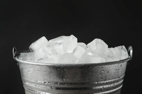 Metal Bucket Ice Cubes Dark Background Closeup — Stock Photo, Image