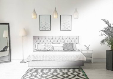 Aynalı, modern, rahat yatak odası. Resimli iç tasarım