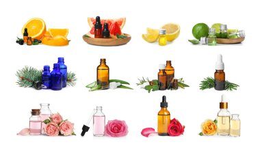 Set with bottles of different essential oils on white background clipart