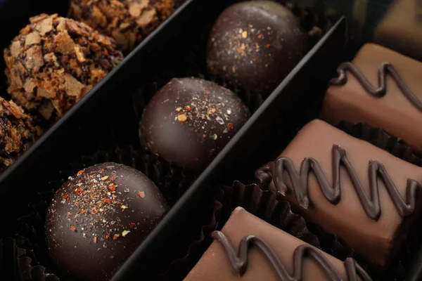 Many Different Chocolate Candies Box Closeup — Stock Photo, Image