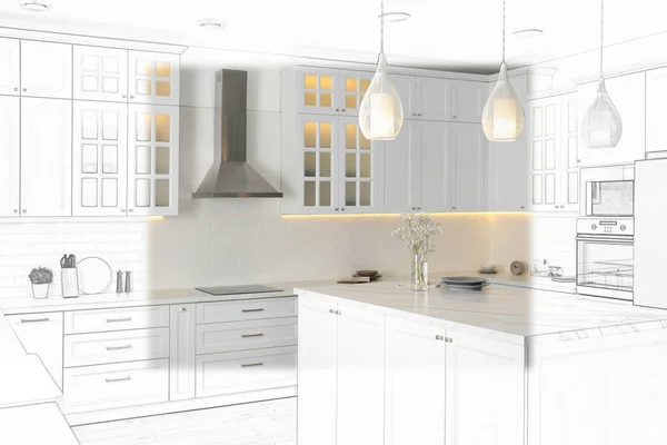 Moderne Küche Mit Stilvollen Weißen Möbeln Illustrierte Innenarchitektur — Stockfoto