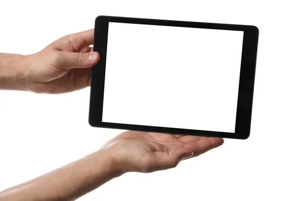 Man Holding Tablet Computer Blank Screen White Background Closeup Modern — Stock Photo, Image