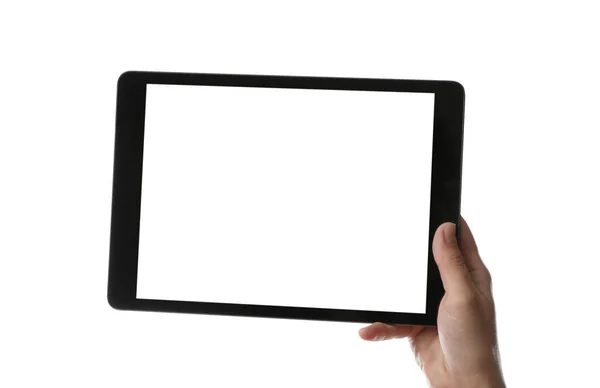 Woman Holding Tablet Computer Blank Screen White Background Closeup Modern — Stock Photo, Image