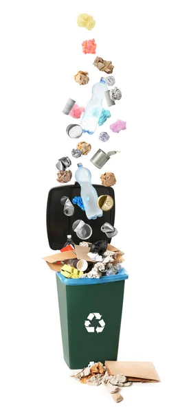 Different Garbage Falling Trash Bin Waste Management Recycling — Stock Photo, Image