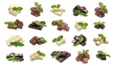 Farklı çikolata türleri ve beyaz arkaplanda taze nane ile ayarlanmış.