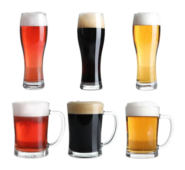 Set Glasses Cold Tasty Beer White Background — Stock Photo, Image